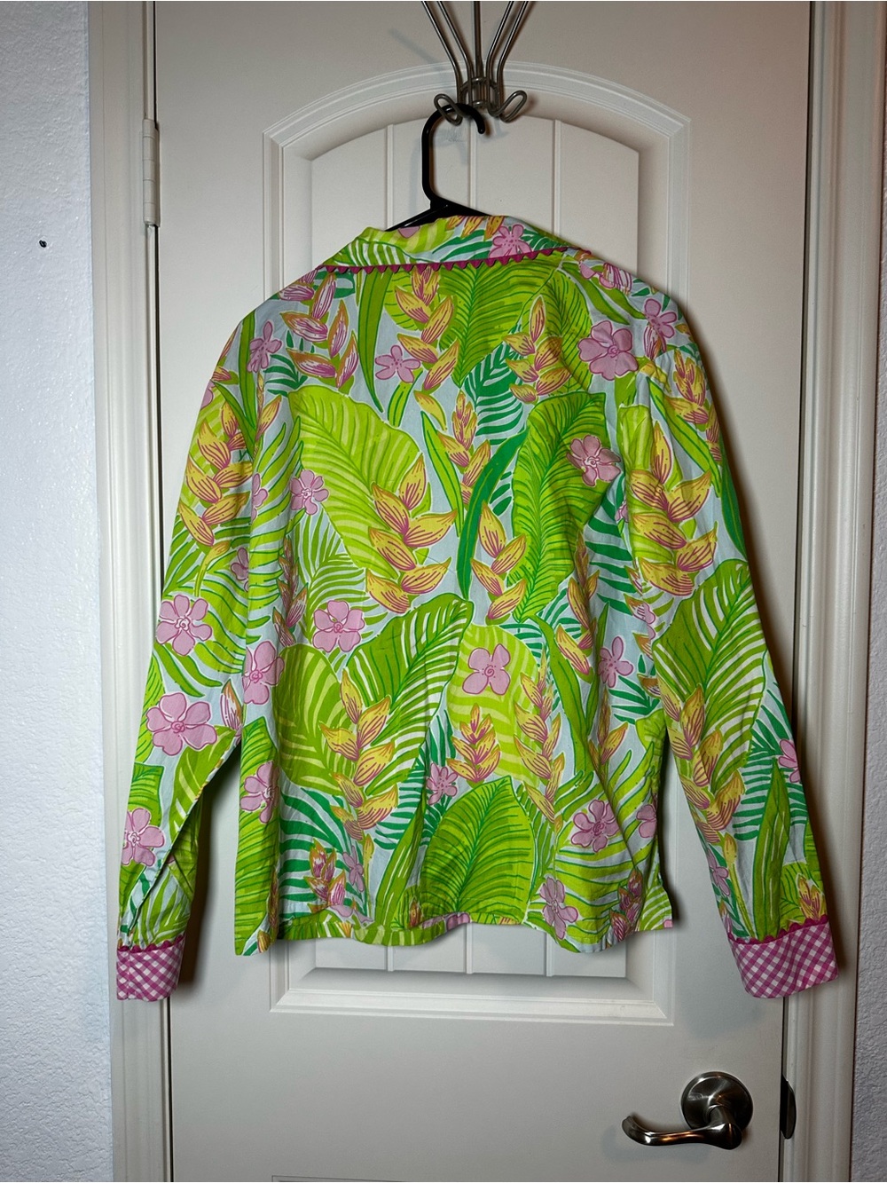 Lilly Pulitzer Green Tropical Floral Gingham Button-Front Women's Top size L - Picture 7 of 8